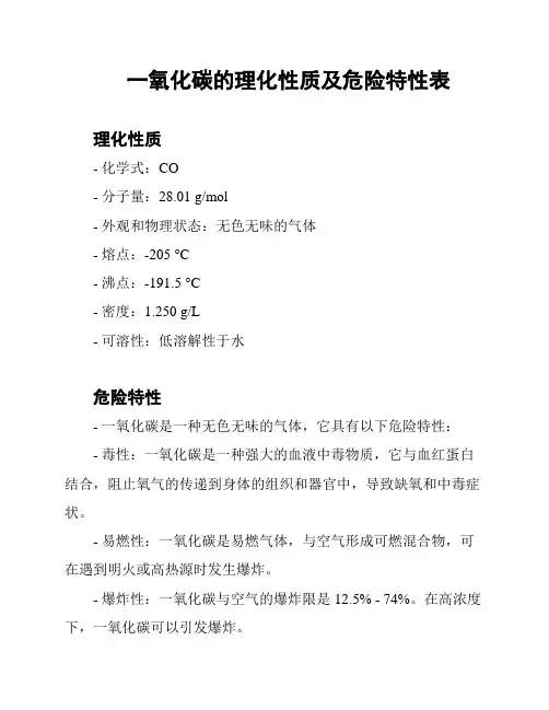 一氧化碳的理化性质及危险特性表