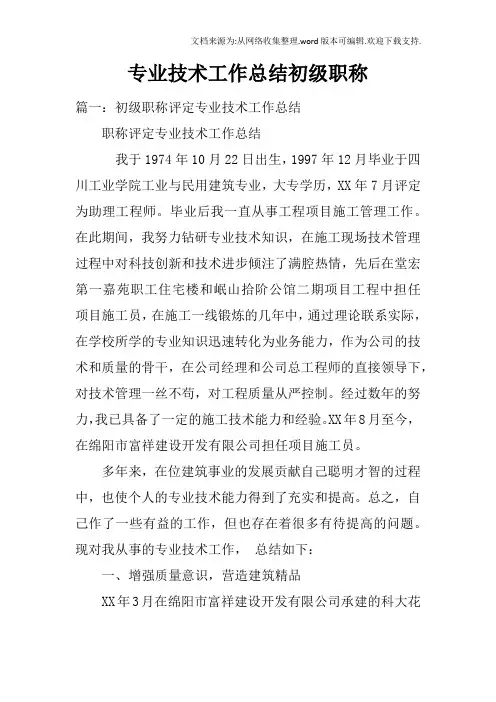 专业技术工作总结初级职称doc
