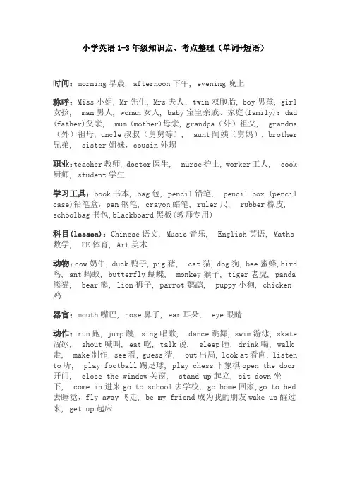 【免费】小学英语1-3年级知识点、考点整理(单词+短语)