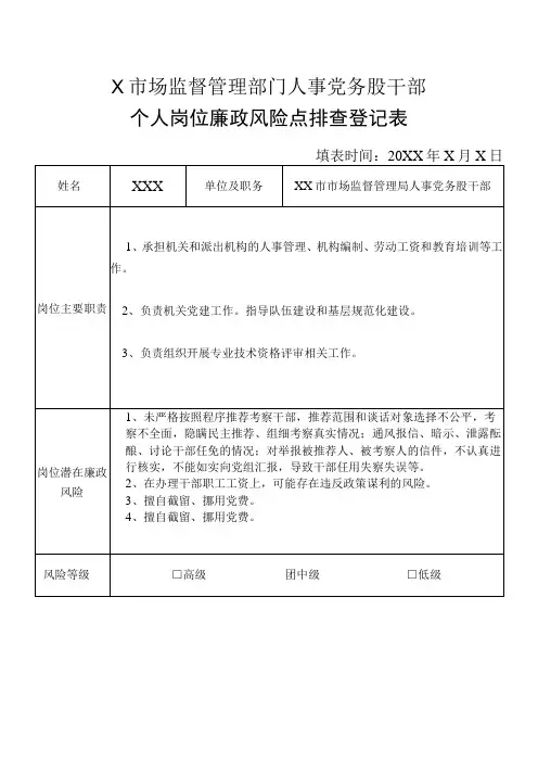 X县市场监督管理部门人事党务股干部个人岗位廉政风险点排查登记表