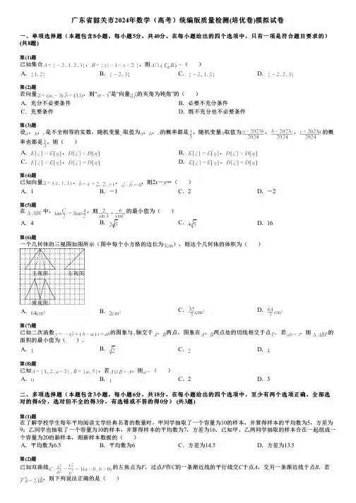 广东省韶关市2024年数学(高考)统编版质量检测(培优卷)模拟试卷