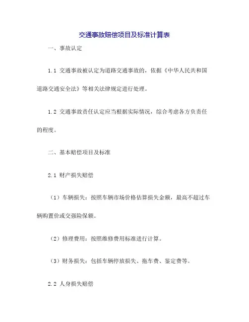 交通事故赔偿项目及标准计算表
