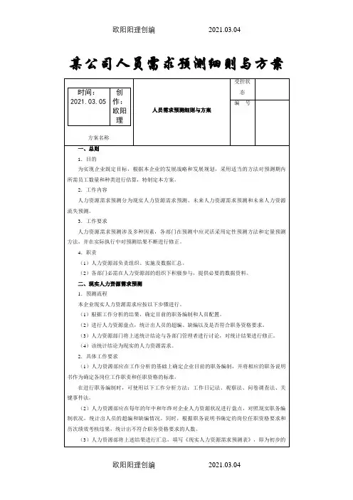 某公司人力资源需求预测细则与方案之欧阳理创编