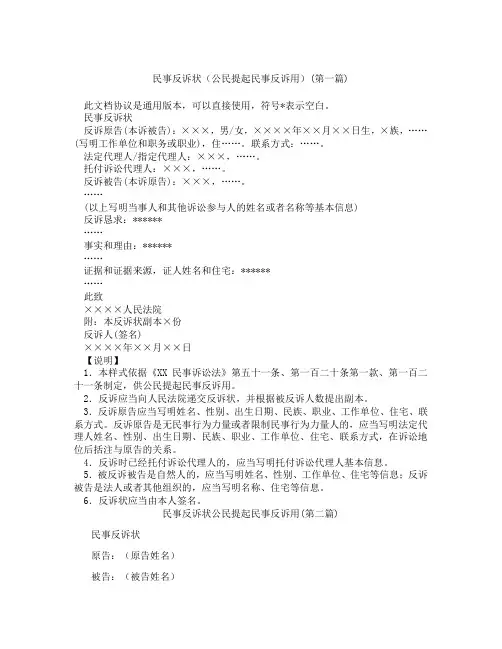 民事反诉状公民提起民事反诉用精选3篇