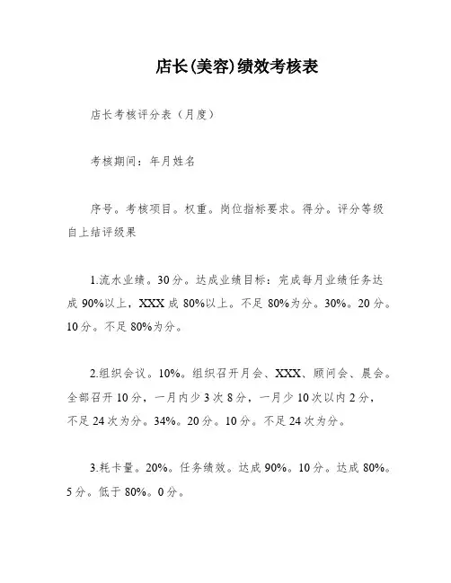 店长(美容)绩效考核表