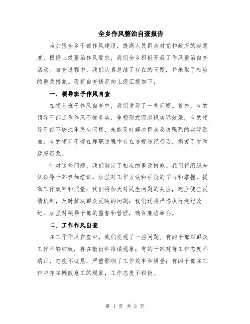 全乡作风整治自查报告