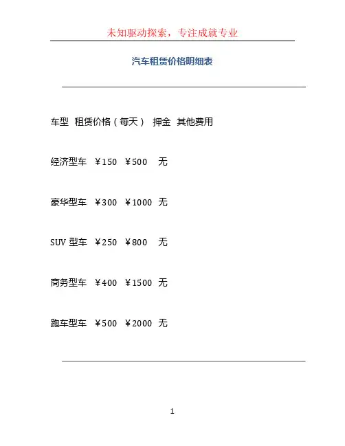 汽车租赁价格明细表