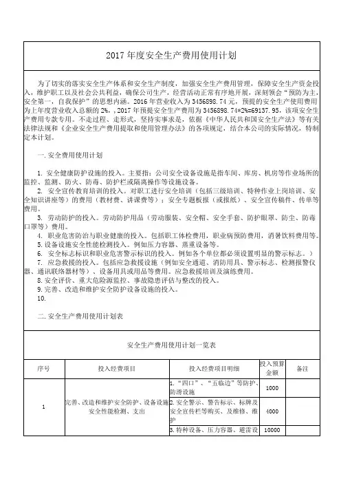 安全生产费用使用计划