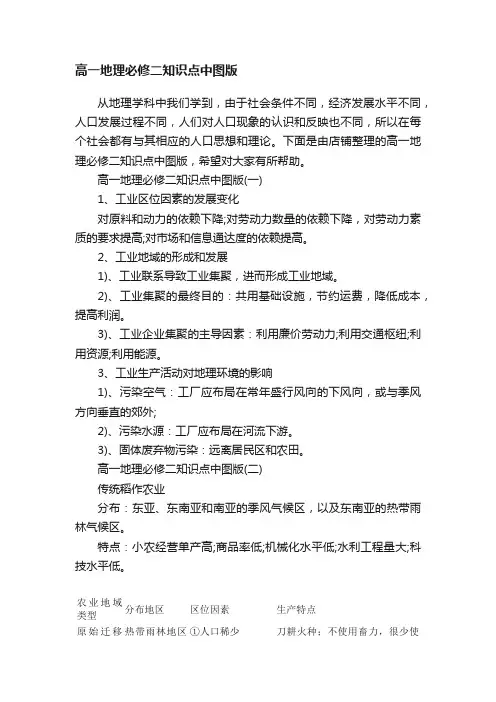 高一地理必修二知识点中图版