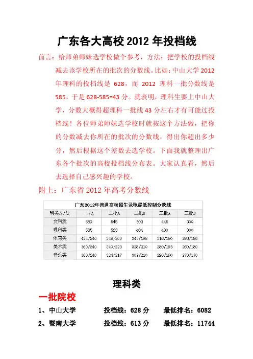 广东各大高校2012年投档线（理科）