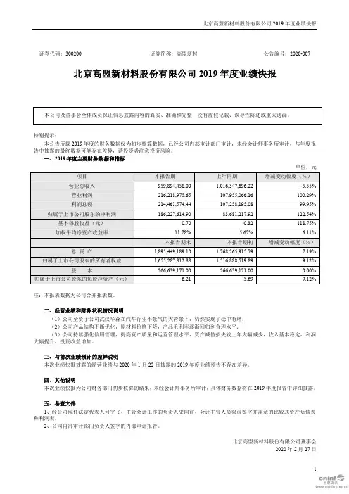 高盟新材：2019年度业绩快报