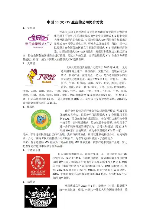 中国10 大KTV企业的公司简介对比