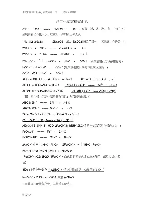 高二化学方程式汇总培训资料