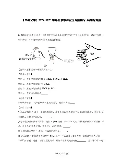 【中考化学】2022-2023学年北京市海淀区专题练习-科学探究题(含解析)