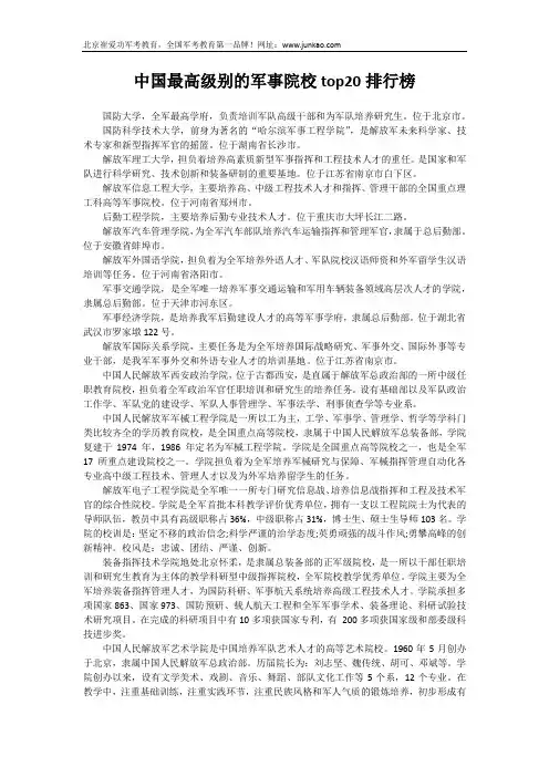 中国最高级别的军事院校top20排行榜