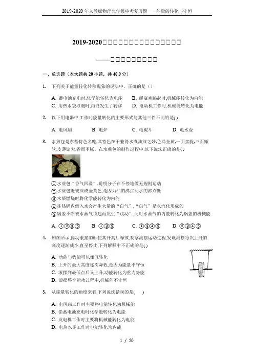 2019-2020年人教版物理九年级中考复习题——能量的转化与守恒