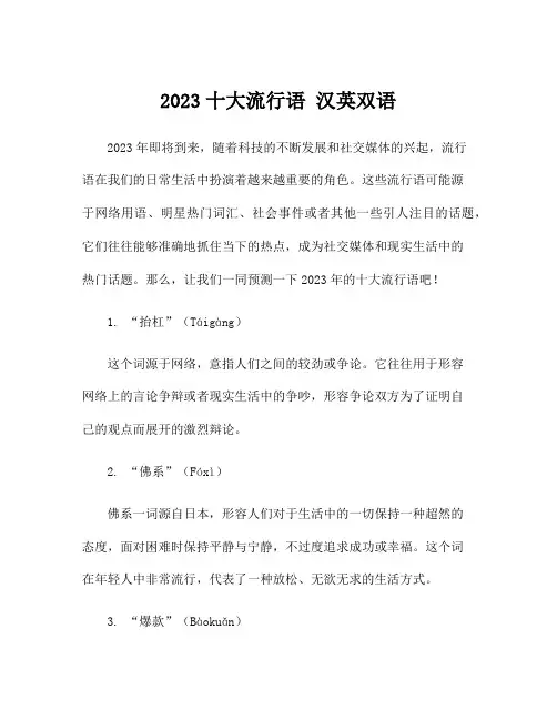 2023十大流行语 汉英双语