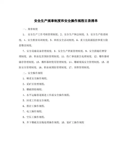 安全生产规章制度和安全操作规程目录清单