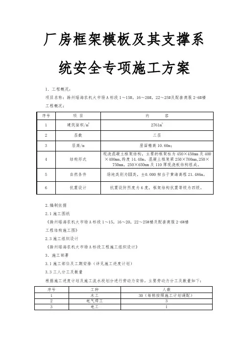 厂房框架模板和支撑系统安全专项工程施工设计方案