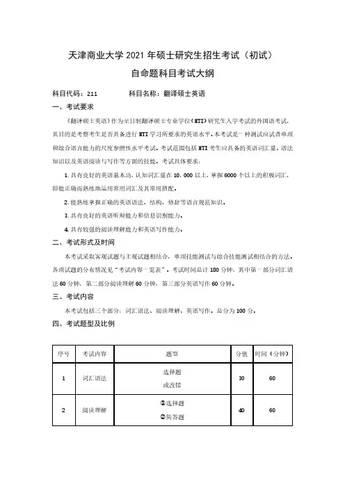 天津商业大学211翻译硕士英语2021年考研专业课初试大纲