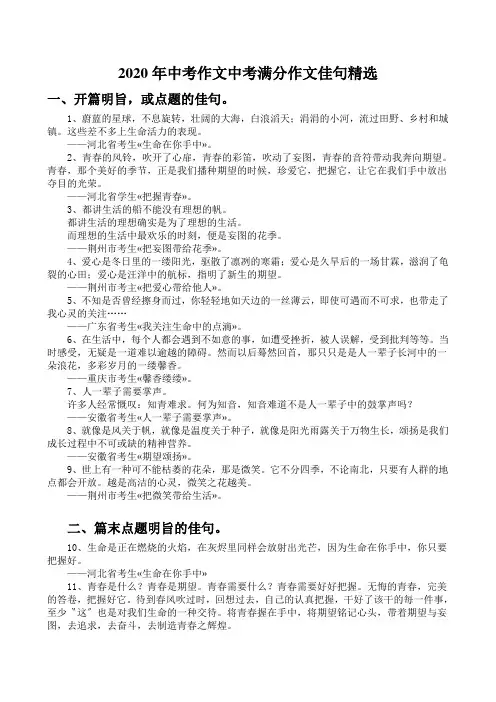 2020年中考作文中考满分作文佳句精选
