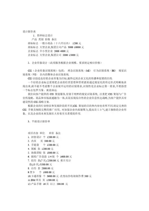 广告设计报价表