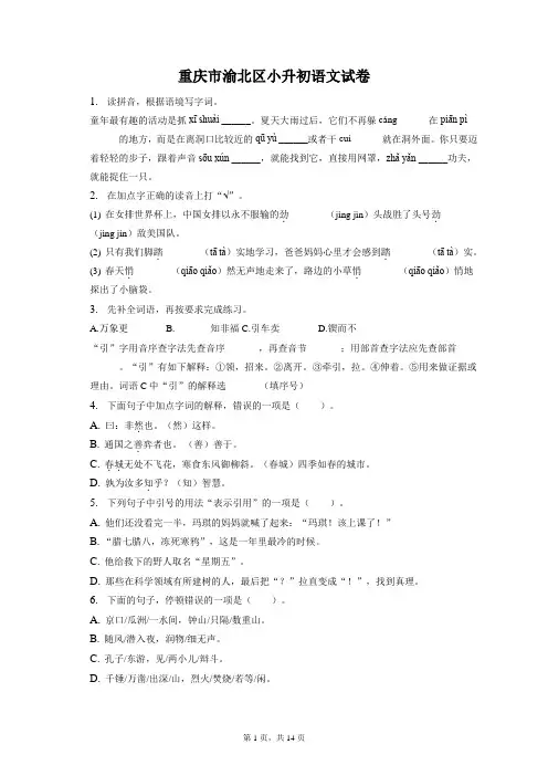 重庆市渝北区小升初语文试卷和答案解析