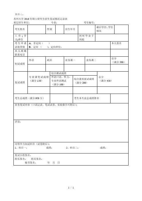 苏州大学2018年硕士研究生招生复试情况记录表