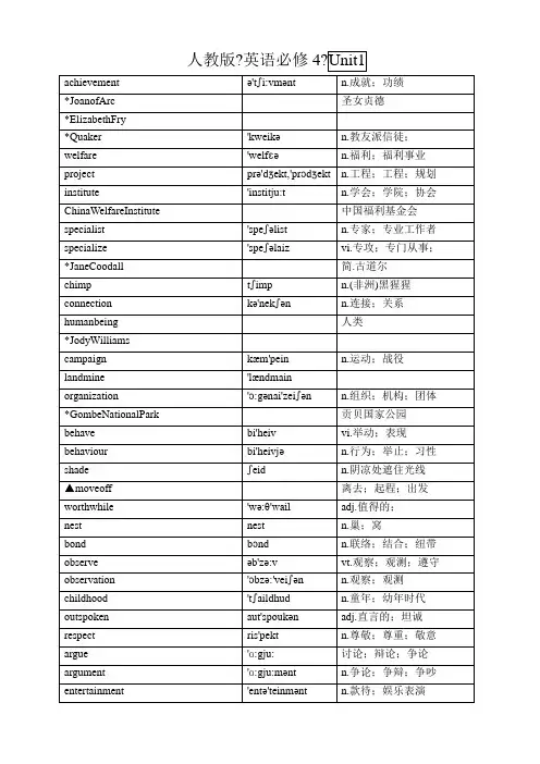 人教版高中英语必修4单词(带音标、中英文分栏默写) (自动保存的)