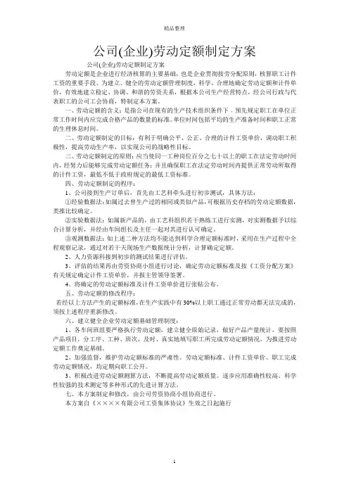 公司(企业)劳动定额制定方案