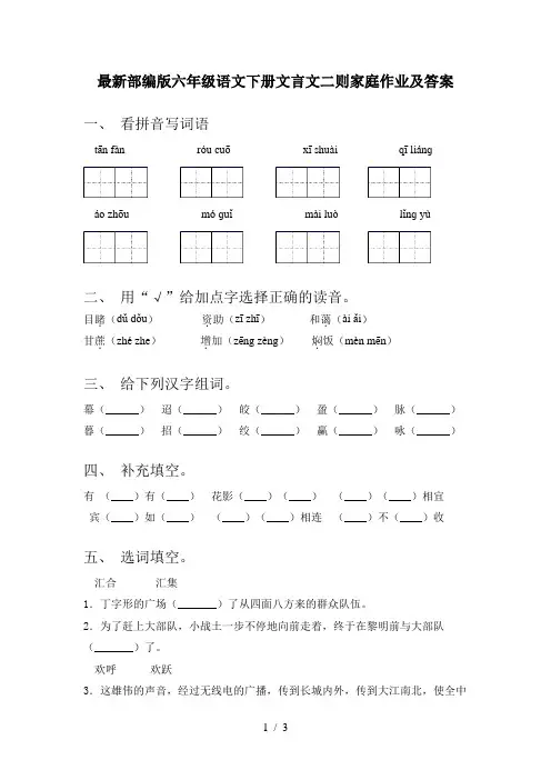最新部编版六年级语文下册文言文二则家庭作业及答案