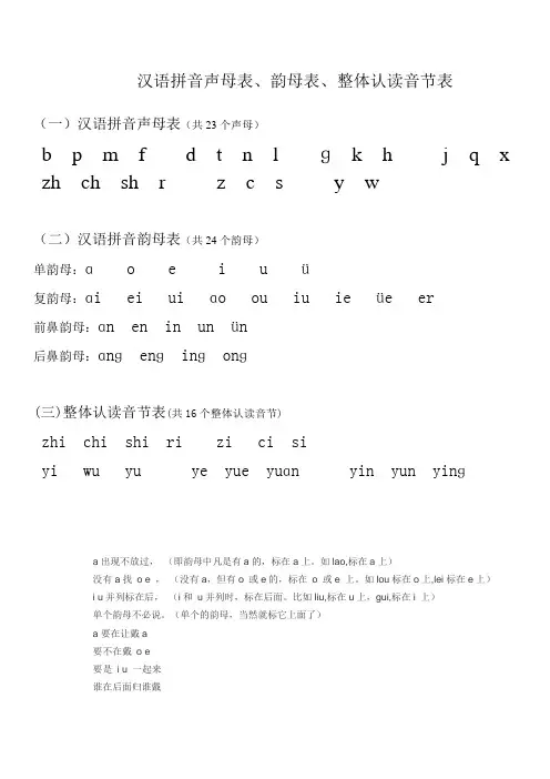 汉语拼音声母表、韵母表、整体认读音节表