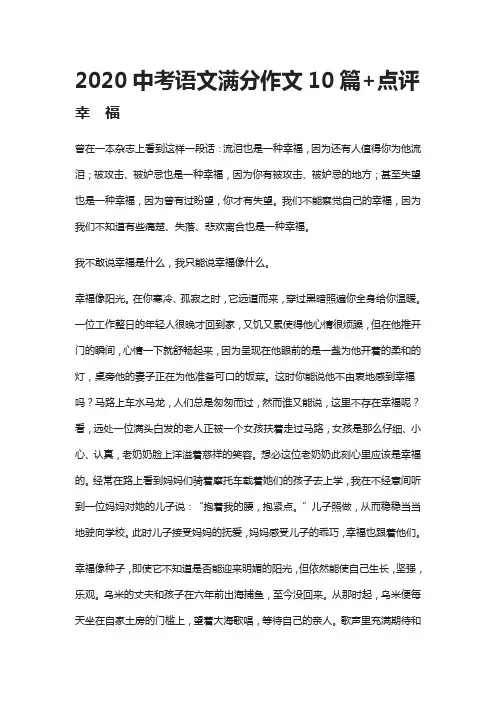 2020中考语文满分作文10篇+点评-全
