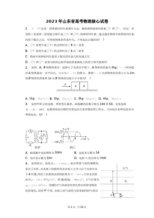 2023年山东省高考物理核心试卷+答案解析(附后)