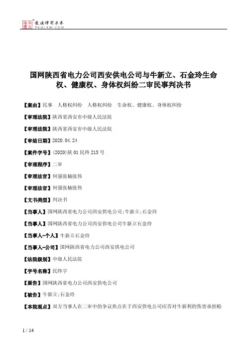 国网陕西省电力公司西安供电公司与牛新立、石金玲生命权、健康权、身体权纠纷二审民事判决书
