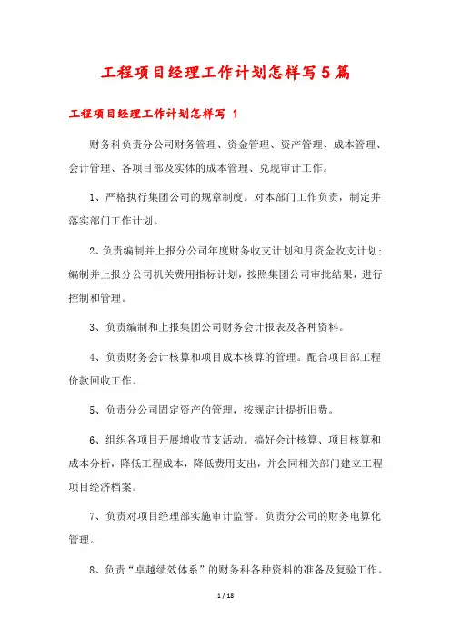 工程项目经理工作计划怎样写5篇
