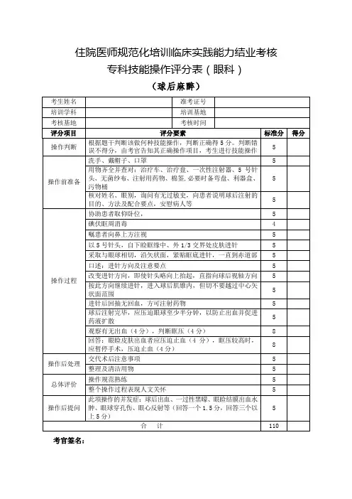 住院医师规范化培训临床实践能力结业考核专科技能操作评分表(眼科)球后麻醉