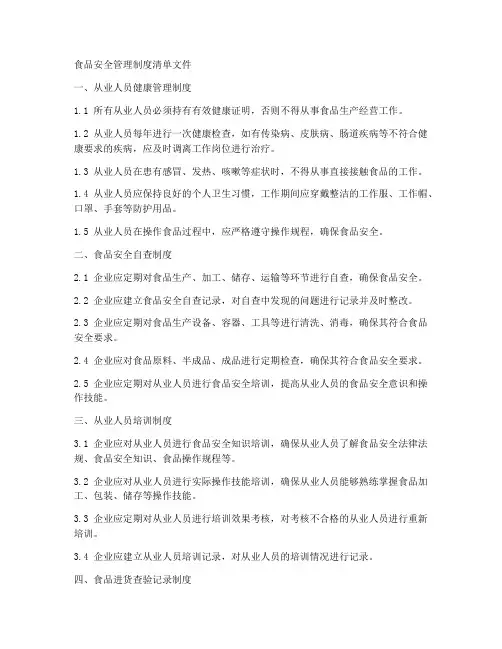 食品安全管理制度清单文件
