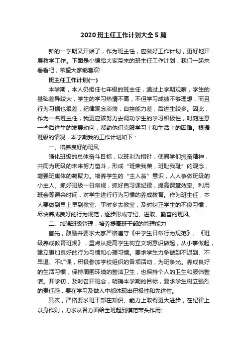 2020班主任工作计划大全5篇