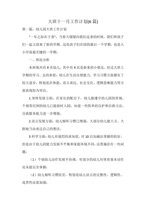 大班十一月工作计划(6篇)
