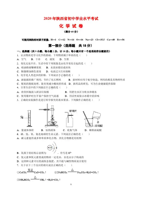 2020年陕西省中考化学试题及参考答案(word解析版)