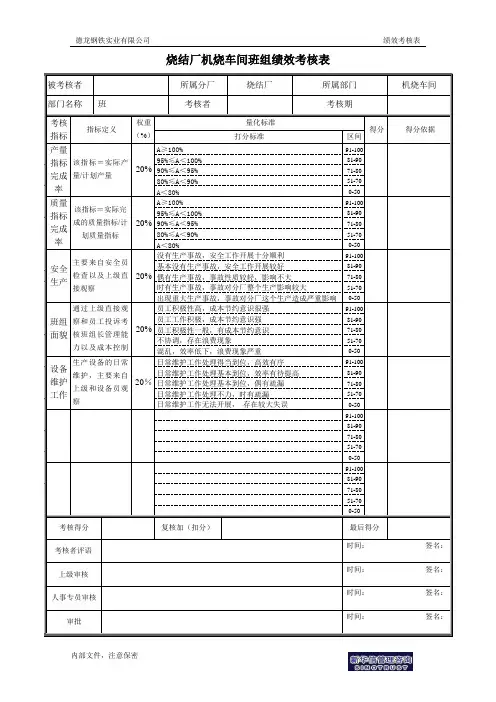 烧结厂绩效考核表机烧车间班组