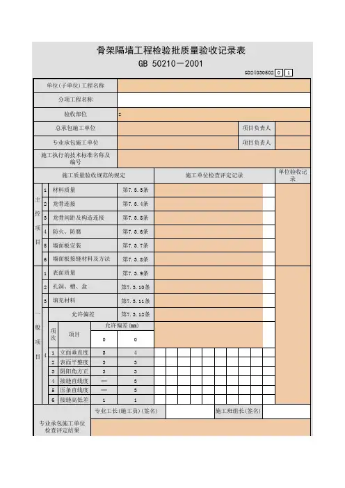 【工程常用表格】架隔墙工程检验批质量验收记录表