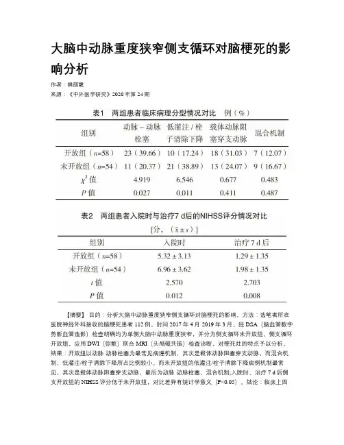 大脑中动脉重度狭窄侧支循环对脑梗死的影响分析