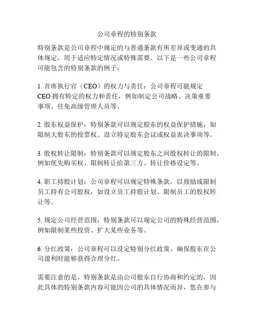 公司章程的特别条款