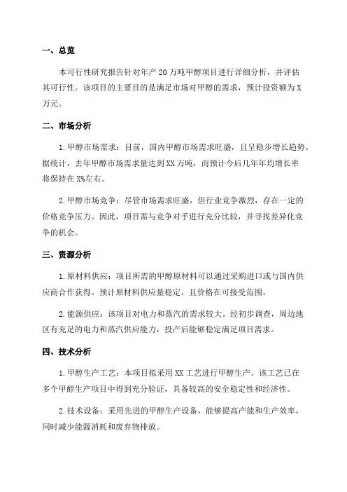 年产20万吨甲醇项目可行性研究报告