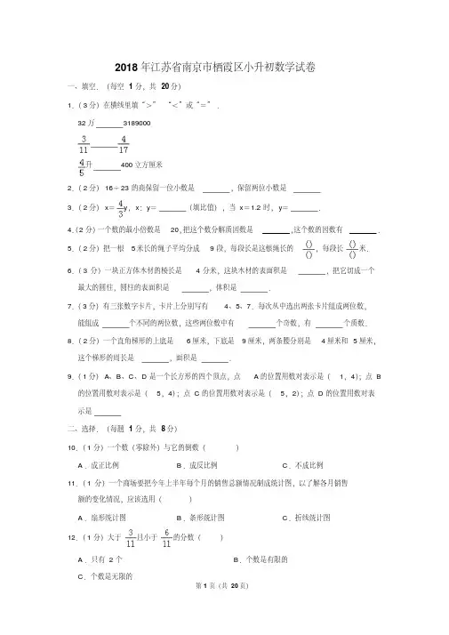 【精品】2018年江苏省南京市栖霞区小升初数学试卷(逐题解析版)