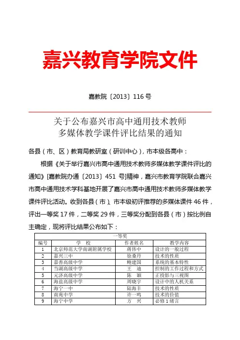 嘉教院〔2013〕116号关于公布嘉兴市高中通用技术教师多媒体教学课件评比结果的通知