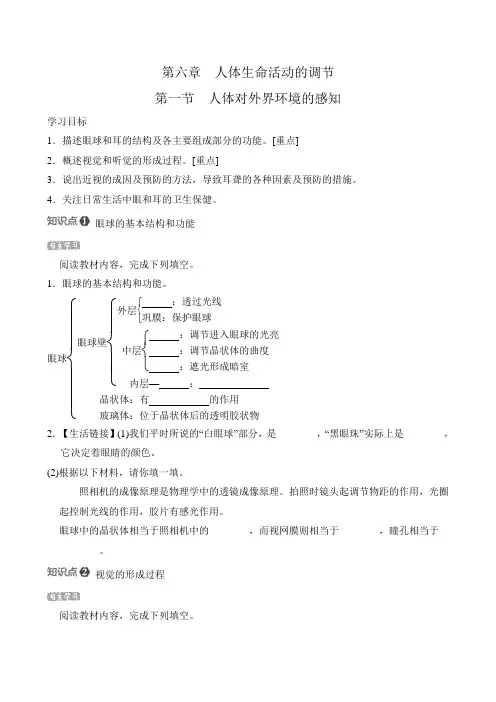 人教版生物七年级下册第四单元 第六章 第一节 人体对外界环境的感知 导学案(含答案)