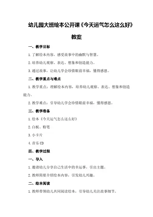 幼儿园大班绘本公开课《今天运气怎么这么好》教案